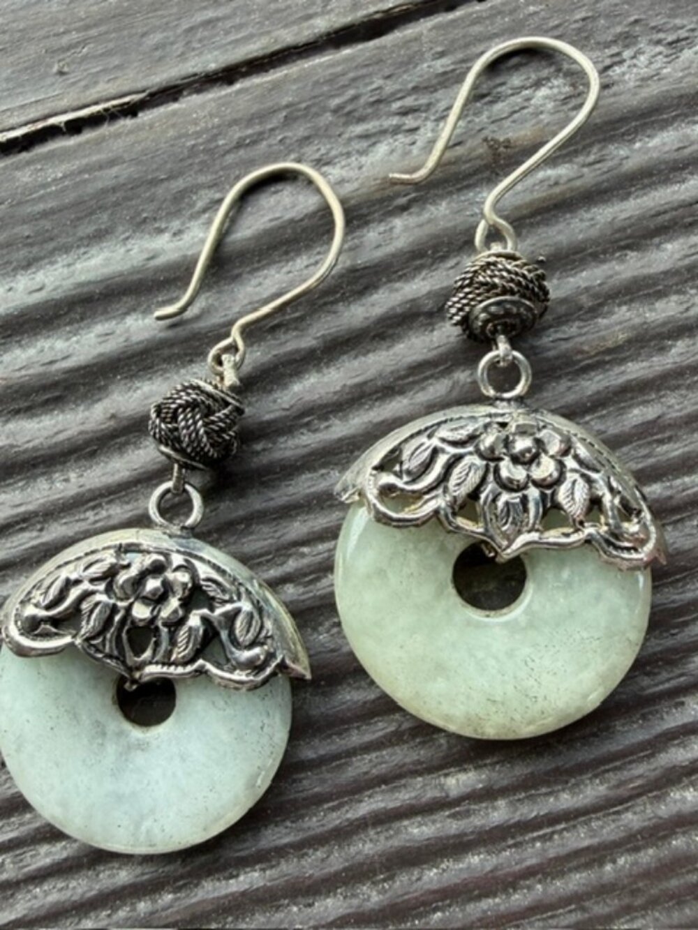 Vintage Chinese Export Sterling Green Jade "Ping An Kou" Drop Earrings